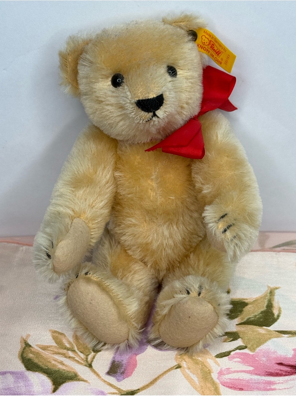Steiff Classic Jointed Teddy Bear with Red Bow - Tag #000355 Vintage 90s